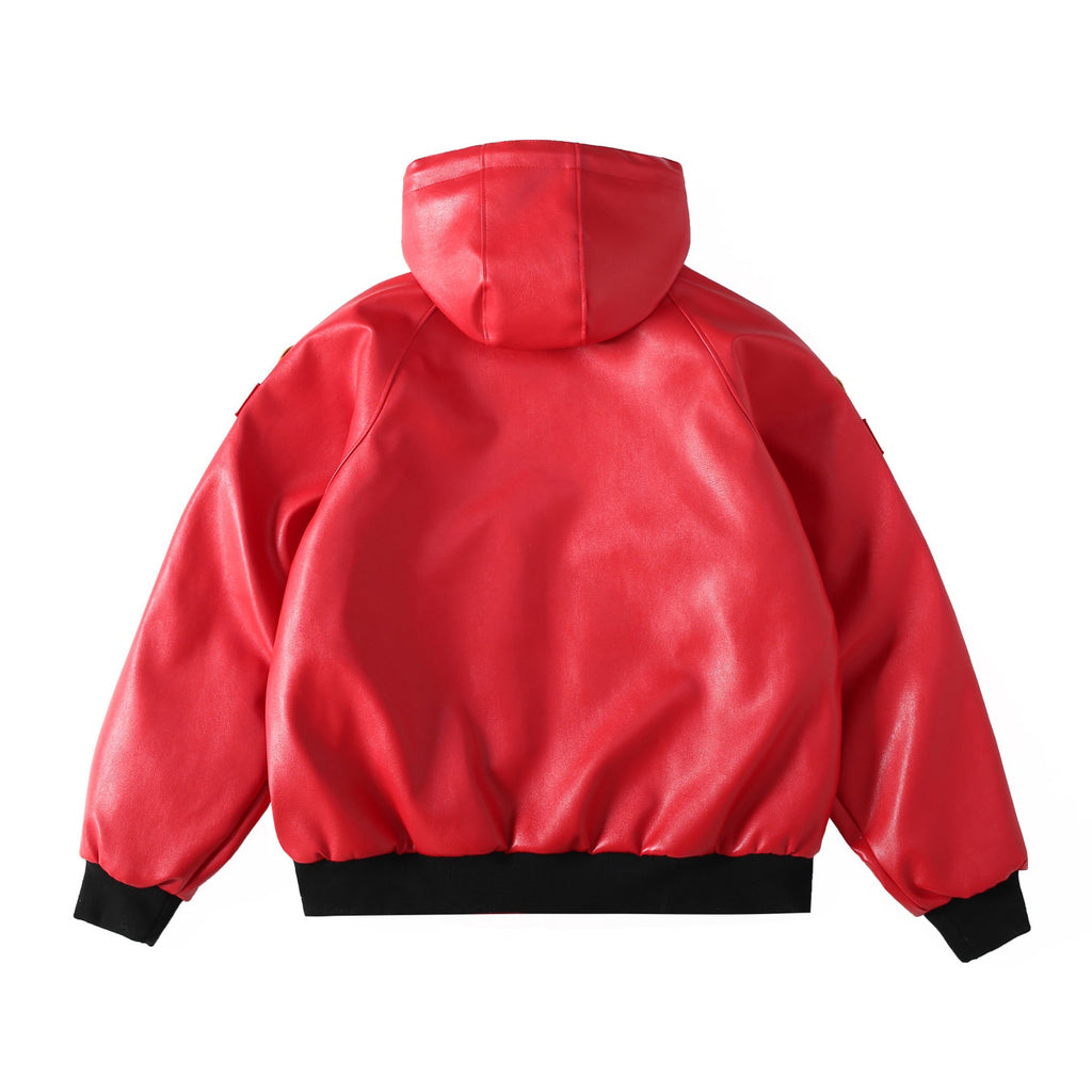 Supreme x Vanson Leathers Men's and Women's Spring and Fall Sleeve Logo Embroidered Patch Zipper Closure Hooded Leather Jacket #75186
