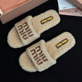 MiuMiu Women's Fall/winter Fashion Casual Round Toe Open Toe Flat Soled Shearling Slippers Shoes#78477