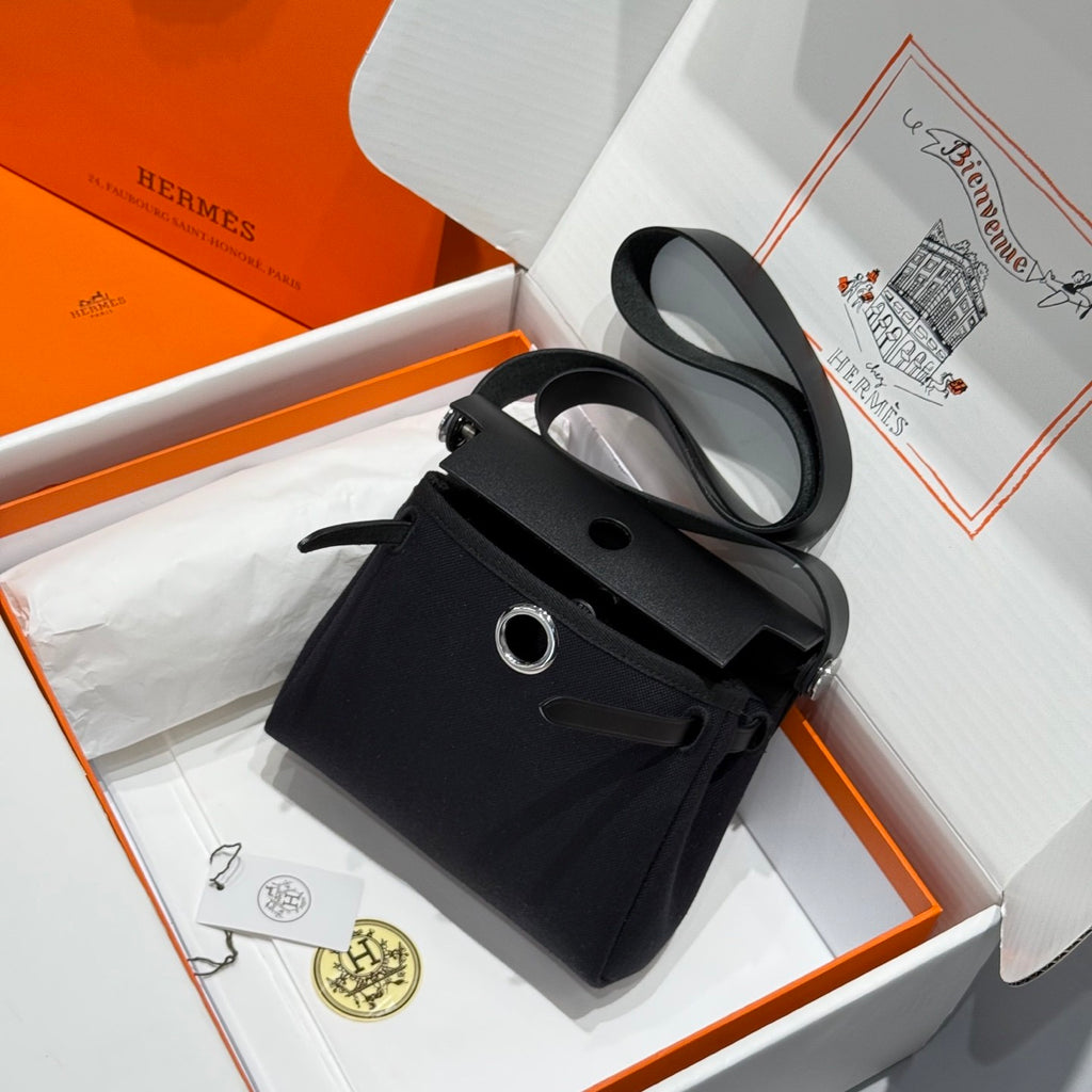 Hermes H -Mini Herbag Women's Color Blocking Metal Buckle Canvas and Cowhide Handbag Shoulder Satchel Bag Bags #76411