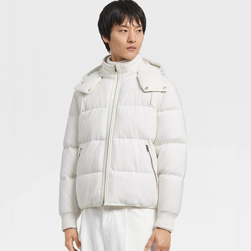 Ermenegildo Zegna  Men's Autumn And Winter Solid Color Standing Collar Zipper Removable Hood Knitted Wool Down Jacket  Ngvp #7417