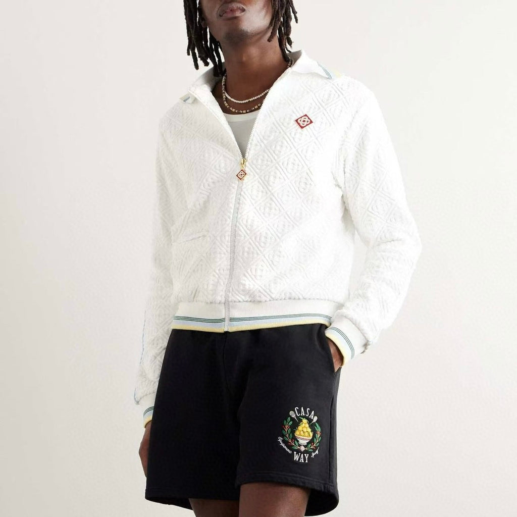Casablanca Men's Spring & Autumn White Striped Trim Cozy Knit Zipper Lapel Long Sleeve Jacket #73815