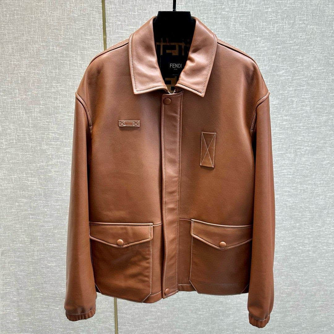 Fendi Men's Autumn and Winter Brown Lapel Zipper Loose Long Sleeve Leather Jacket #98884