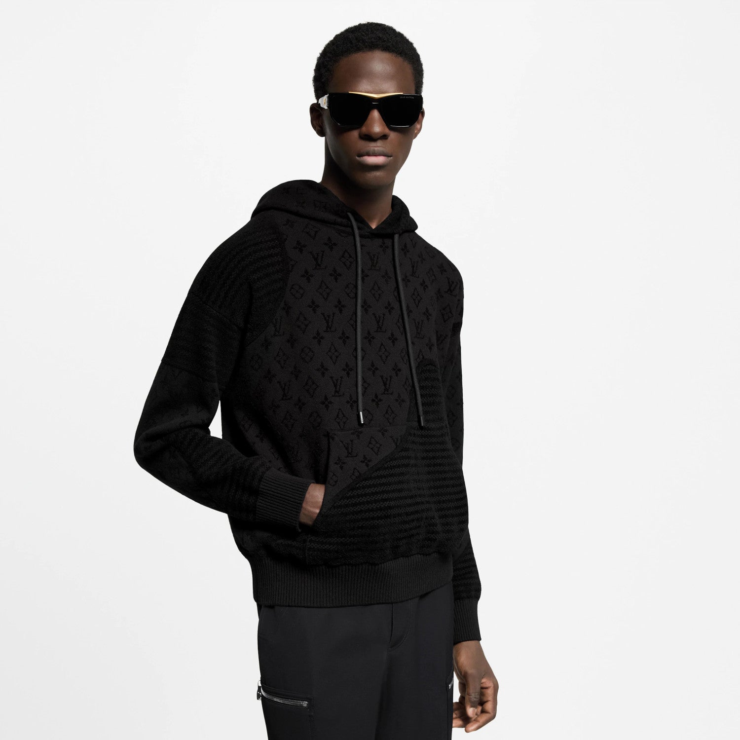 Louis Vuitton Men's Spring and Autumn Black Knitted Jacquard Patchwork Pullover Hoodie Monogram Velvet Stripe Long Sleeve Hooded Sweatshirt  #76342