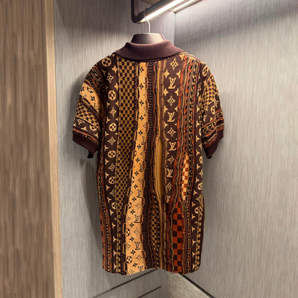 Louis Vuitton Men's Summer Logo Jacquard Knit Cotton-Blend Vintage Twist-Knit Short-Sleeve Polo T-Shirt #79424