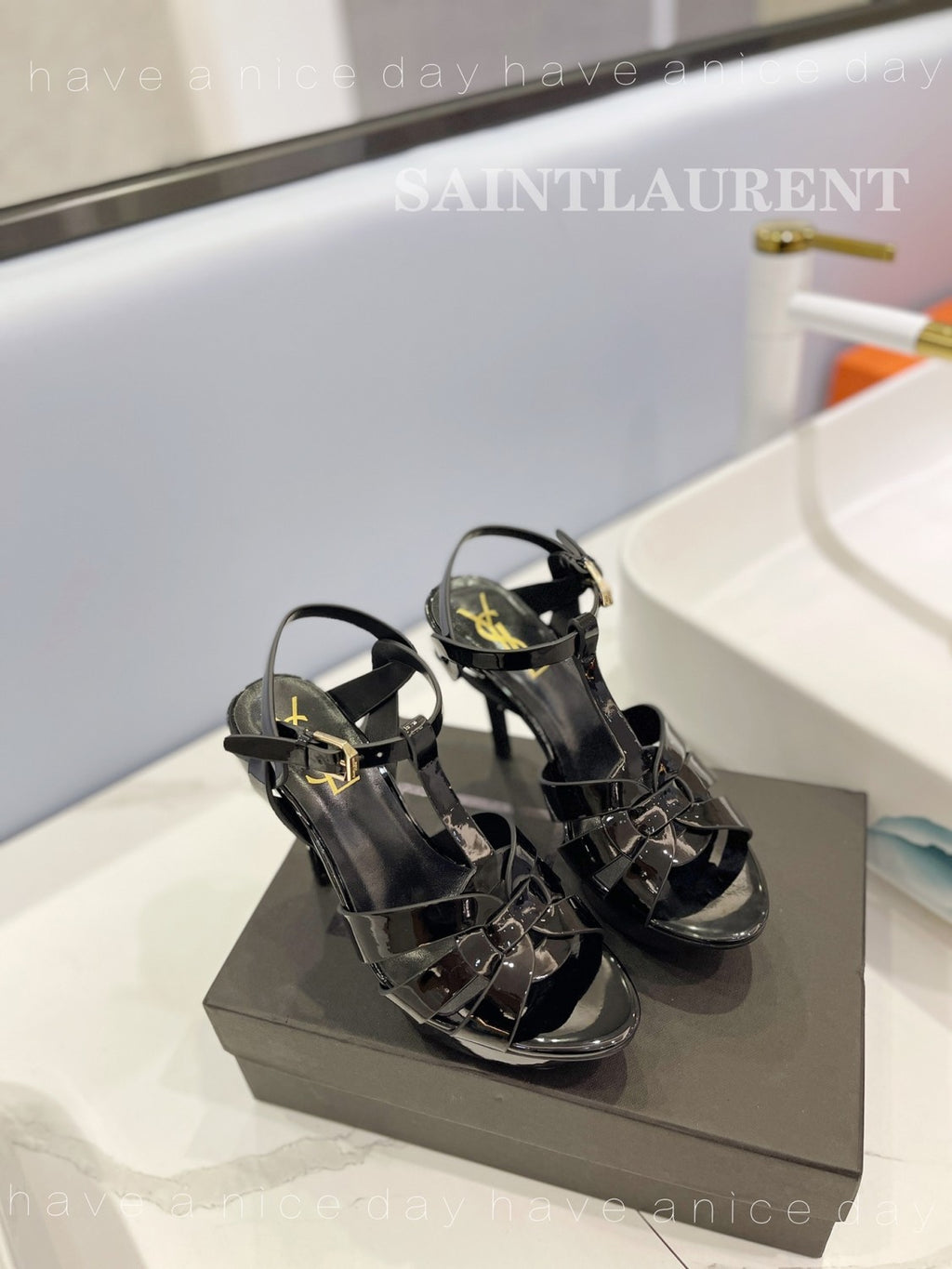 SAINT LAURENT TRIBUTE Women's Summer Solid Color Glossy Leather Strappy High Heel Sandals Shoes #77495