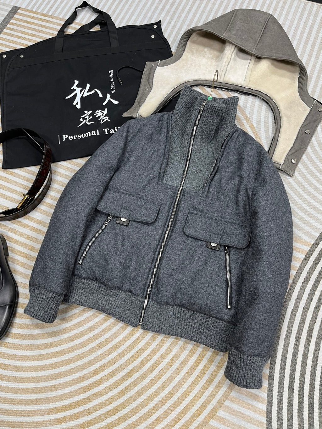 Hermes Men's Spring/Fall Patchwork Leather-Fur Collar Cashmere Casual Solid-Color Hooded Jacket Ngvp #2572
