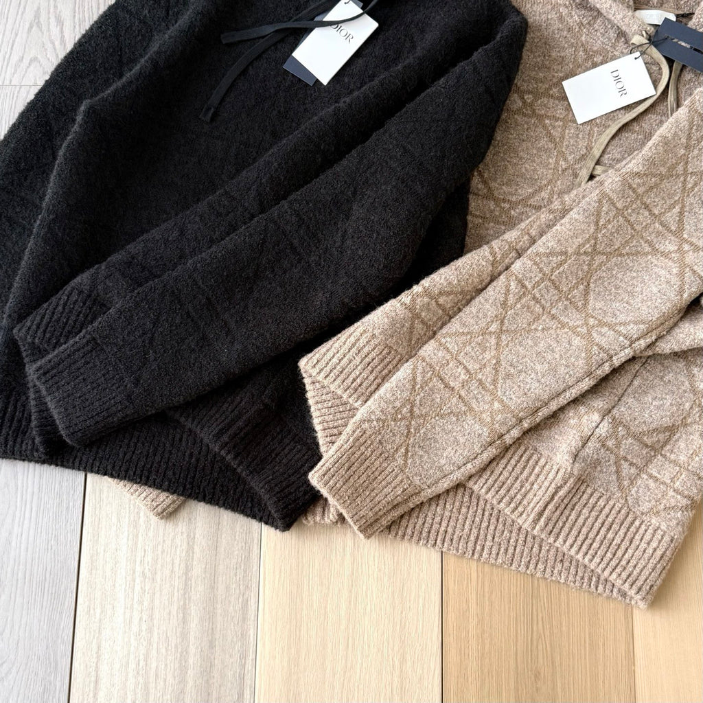 DIOR Cannage Hooded Sweatshirt Beige Cotton and Wool Blend Knit#336735