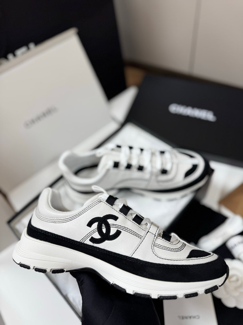 CHANEL Sneakers Calfskin Suede Calfskin White Black #381217
