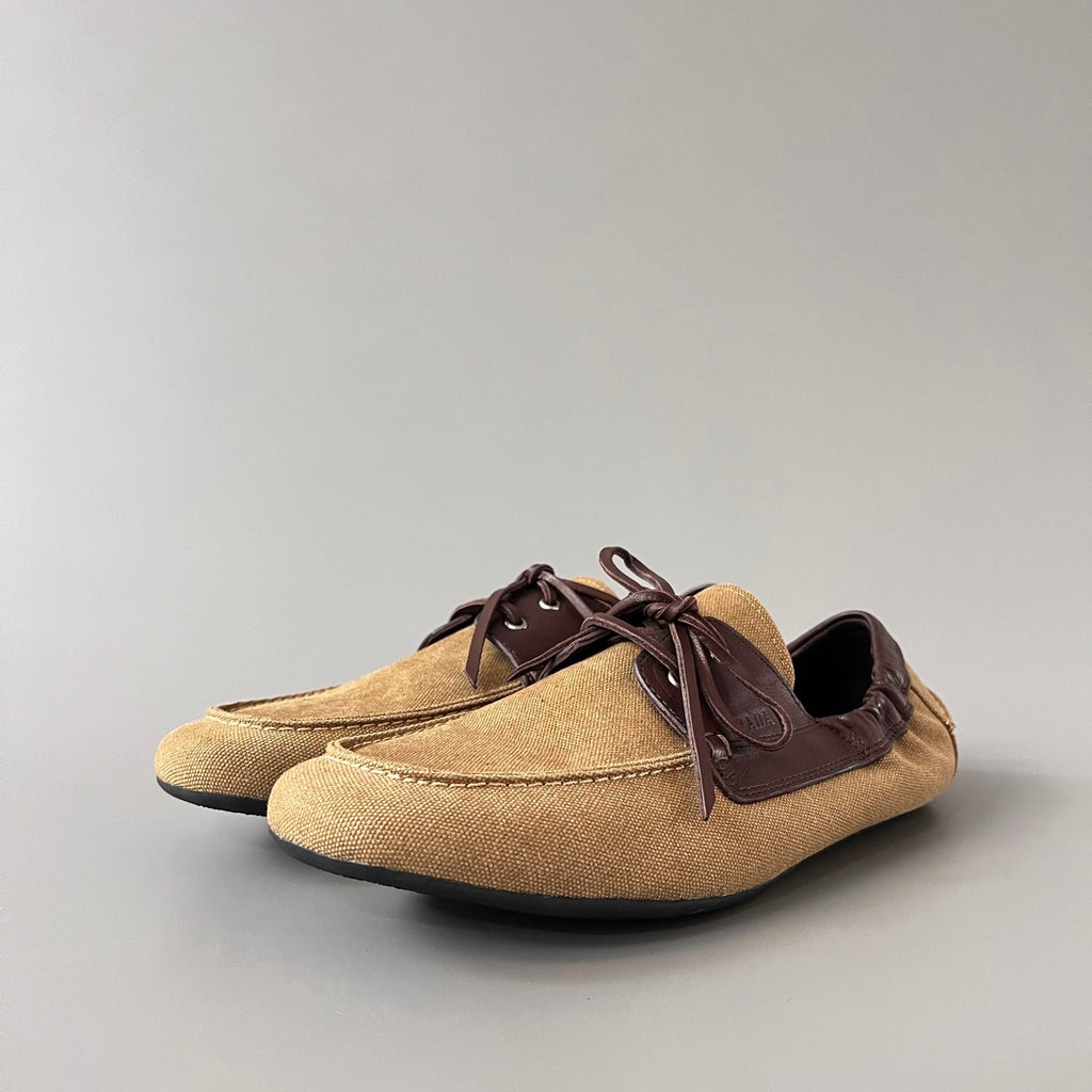 PRADA Shuffle Aged Canvas And Leather Boat Shoes #381722