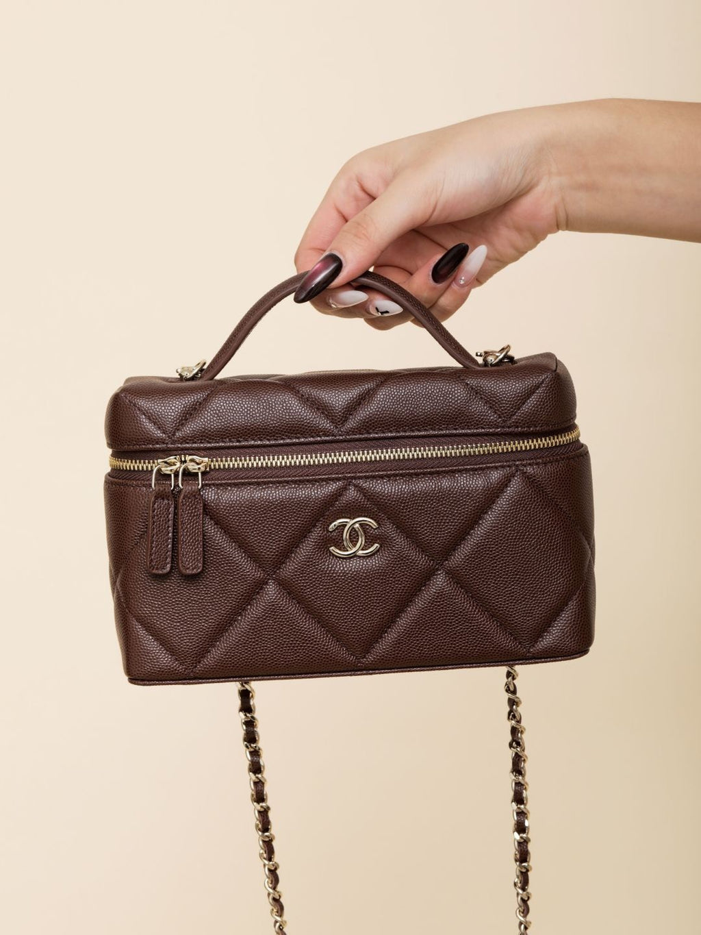 Chanel Chain Dressing Table Grained Shiny Calfskin with Gold Metal Dark Brown Fashion #332778