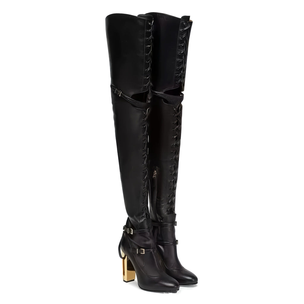 FENDI Women's Classic Solid Color Round-Toe Calfskin Over The Knee Boots For Fall/Winter Shoe #78957