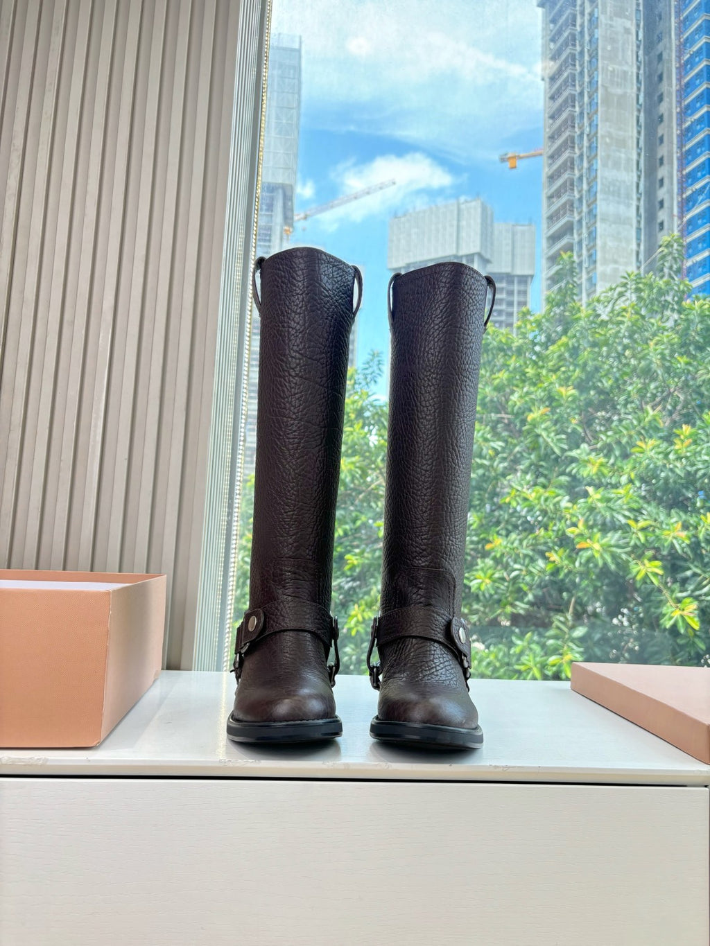 MiuMiu Women's Fall/Winter Classic Solid-Color Leather Biker-Style Long Boots Retro Rider Long Boots Shoes #78721