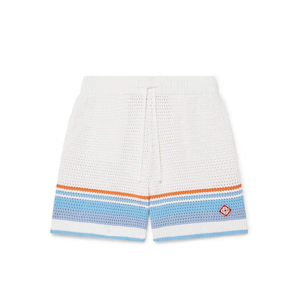 Casablanca Men's Summer Striped Printed Crochet Knit Single Breasted Short Sleeved Shirt And Casual Drawstring Shorts Set Suit #77391