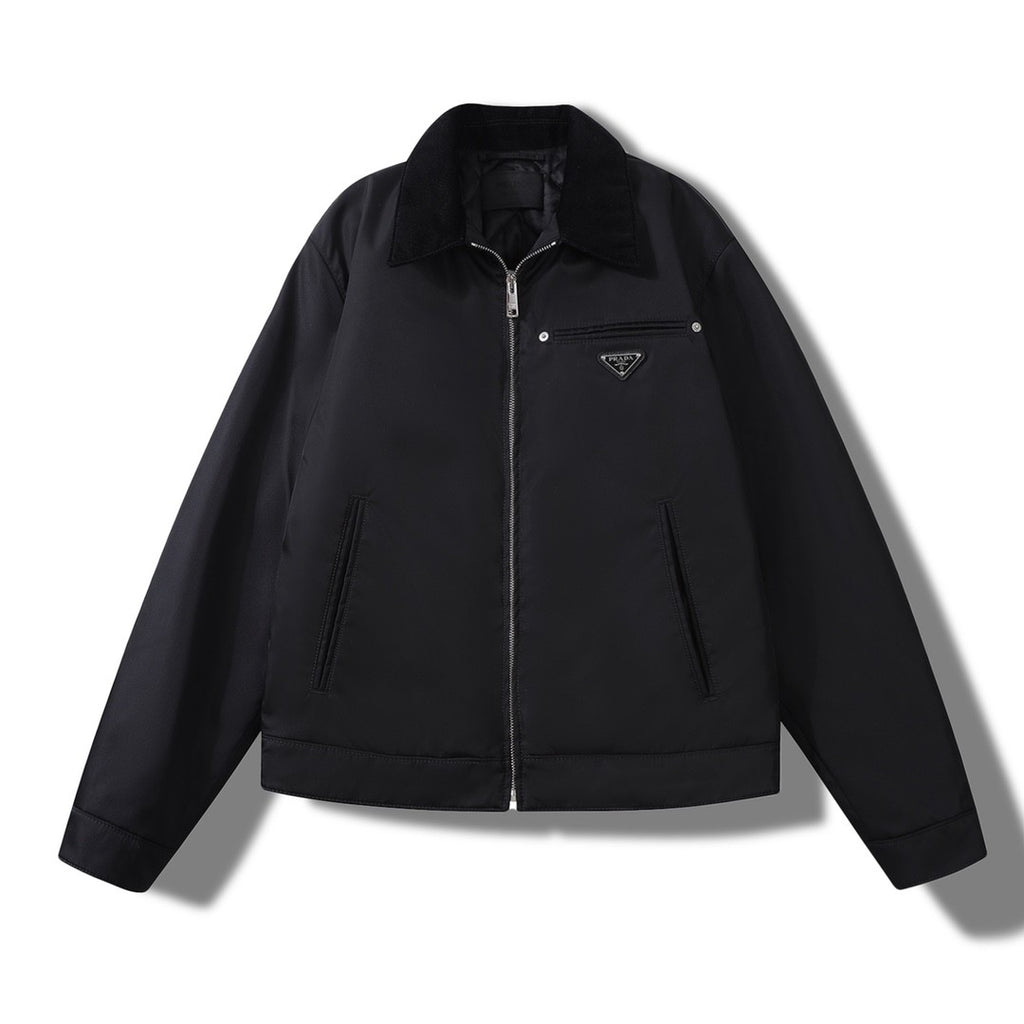 Prada Men's Fall And Winter Black Nylon With Corduroy Zipper Long Sleeved Jacket #73321