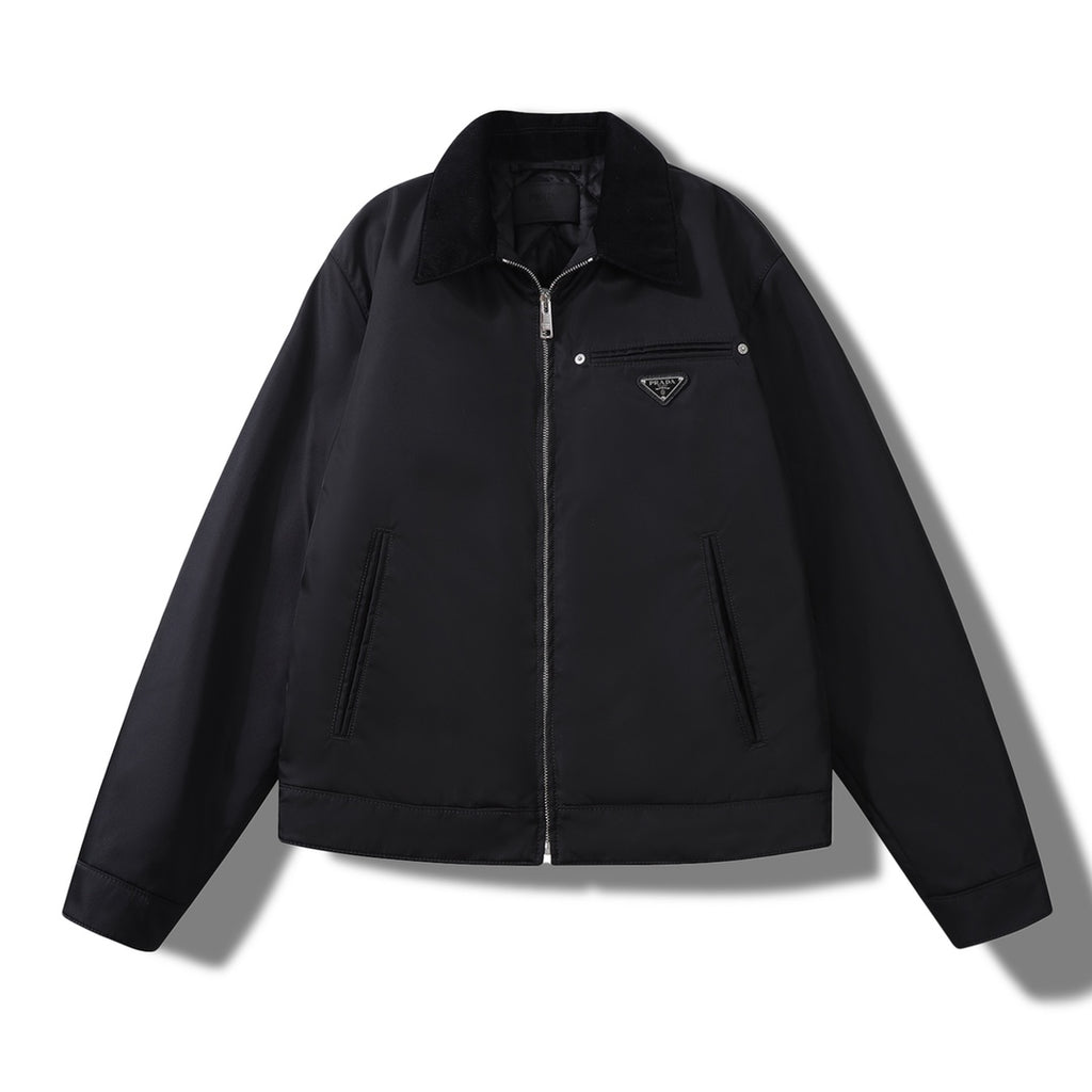 Prada Men's Fall And Winter Black Nylon With Corduroy Zipper Long Sleeved Jacket #73321
