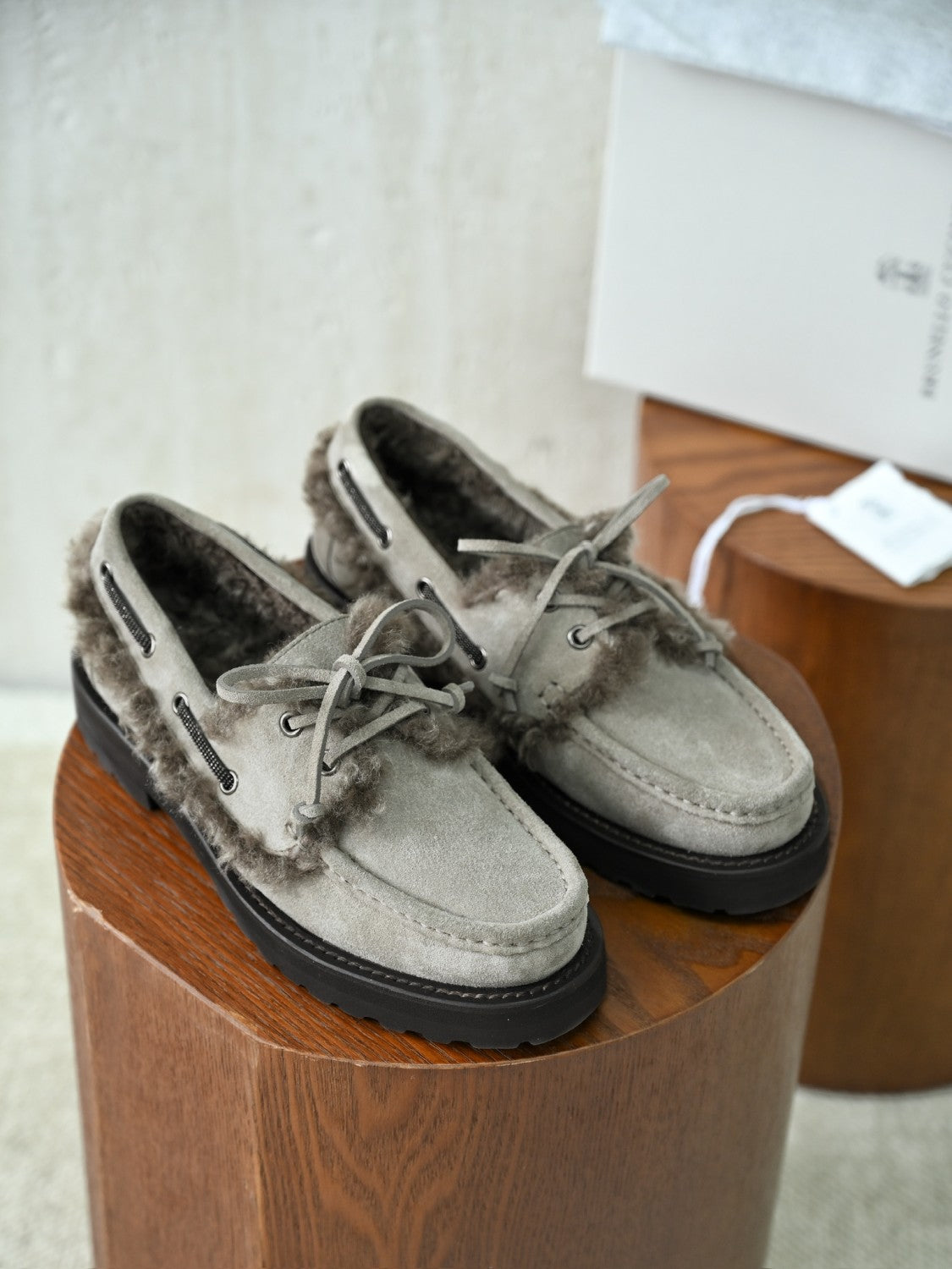 Brunello Cucinelli Bead Embellished Shearling Trimmed Suede Loafers #333658