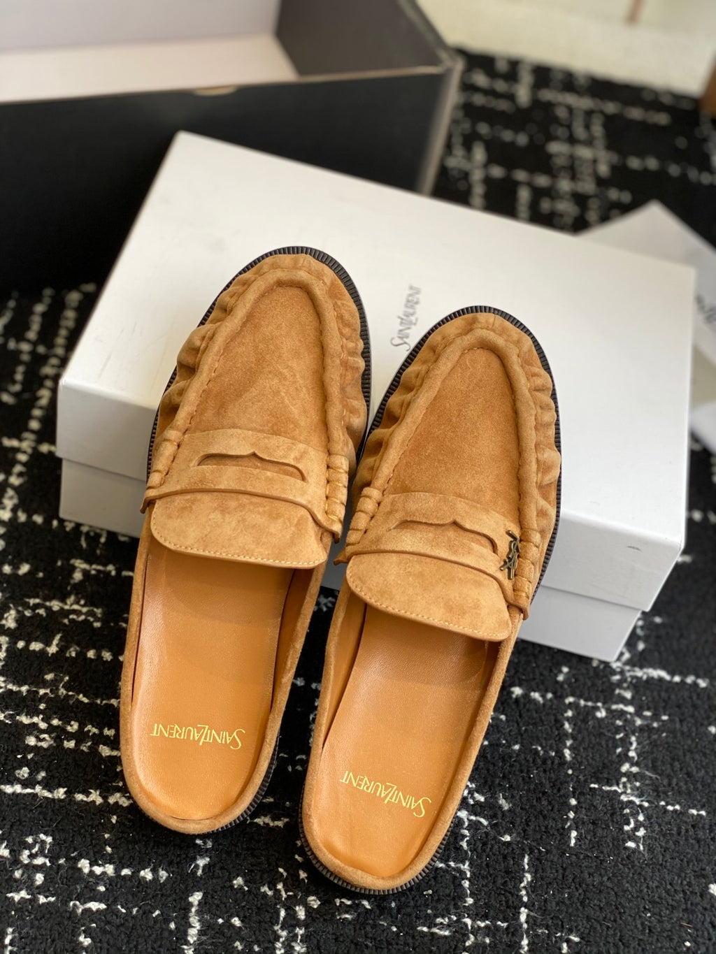 Saint Laurent LE LOAFER Women's Fashion Casual Round Toe Slip On Half Slip On Logo Leather Loafer Mule Shoes #78444