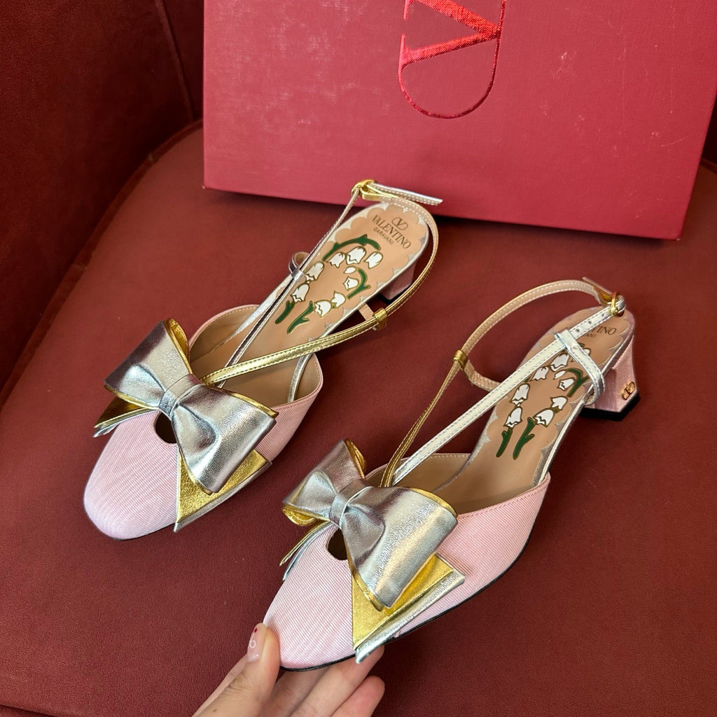 Valentino Bowow Women's Summer Round Toe Buckle Bow Shaped Chunky Heel 4.5cm High Heels Shoes #76981