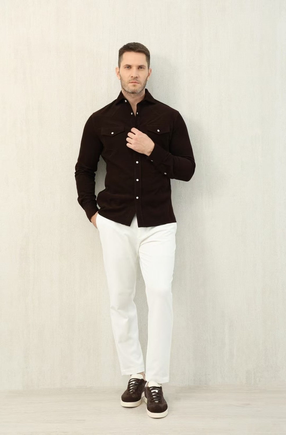 Brunello Cucinelli Men's Spring And Fall Cotton Lapel Solid Color Single-Breasted Chest Pocket Long Sleeve Fitted Shirt Ngvp #1557