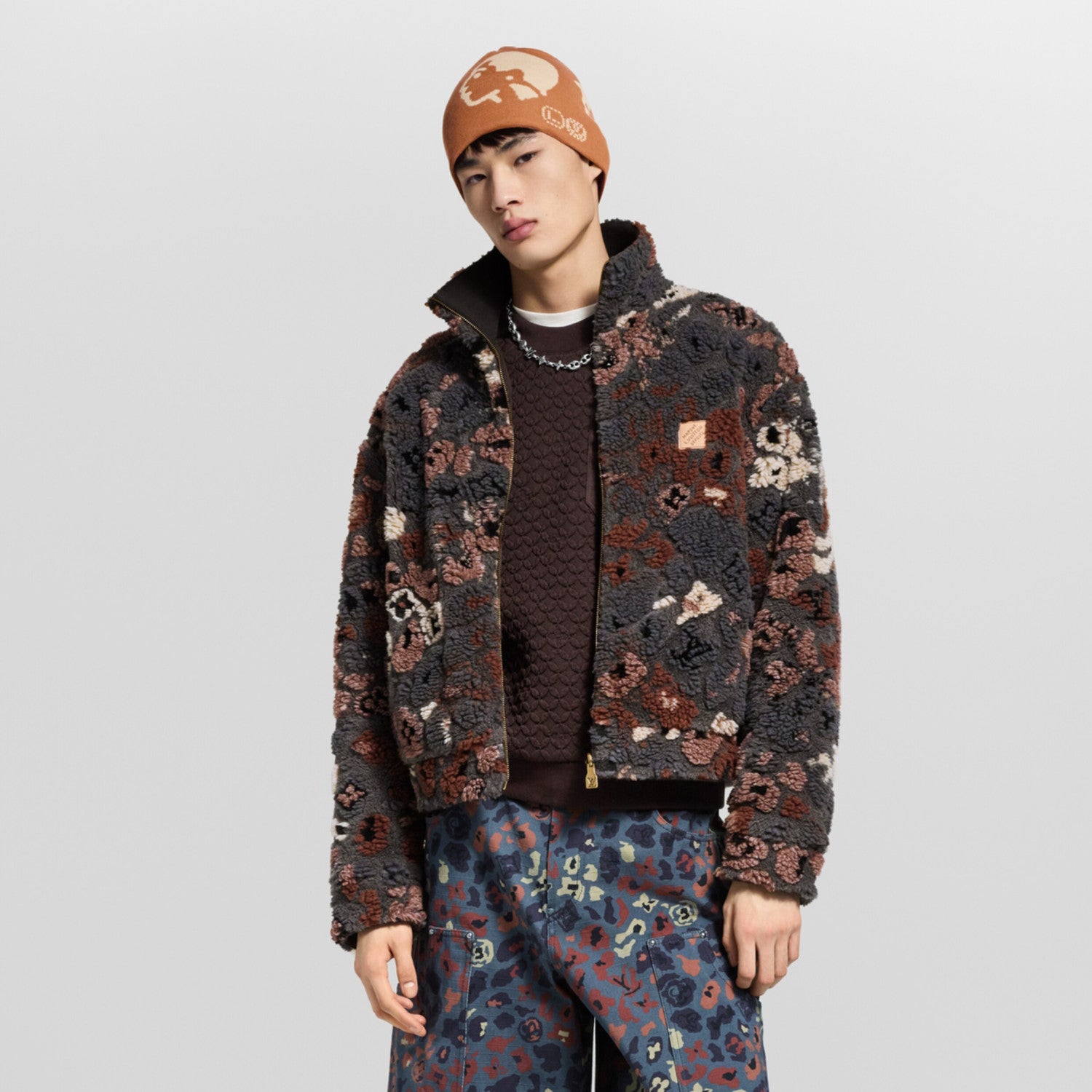 Louis Vuitton Men's And Women's Fall/Winter Fashion Casual High Neck Zipper Jacquard Suede Reversible Drawstring Waist Belt Jacket #78863