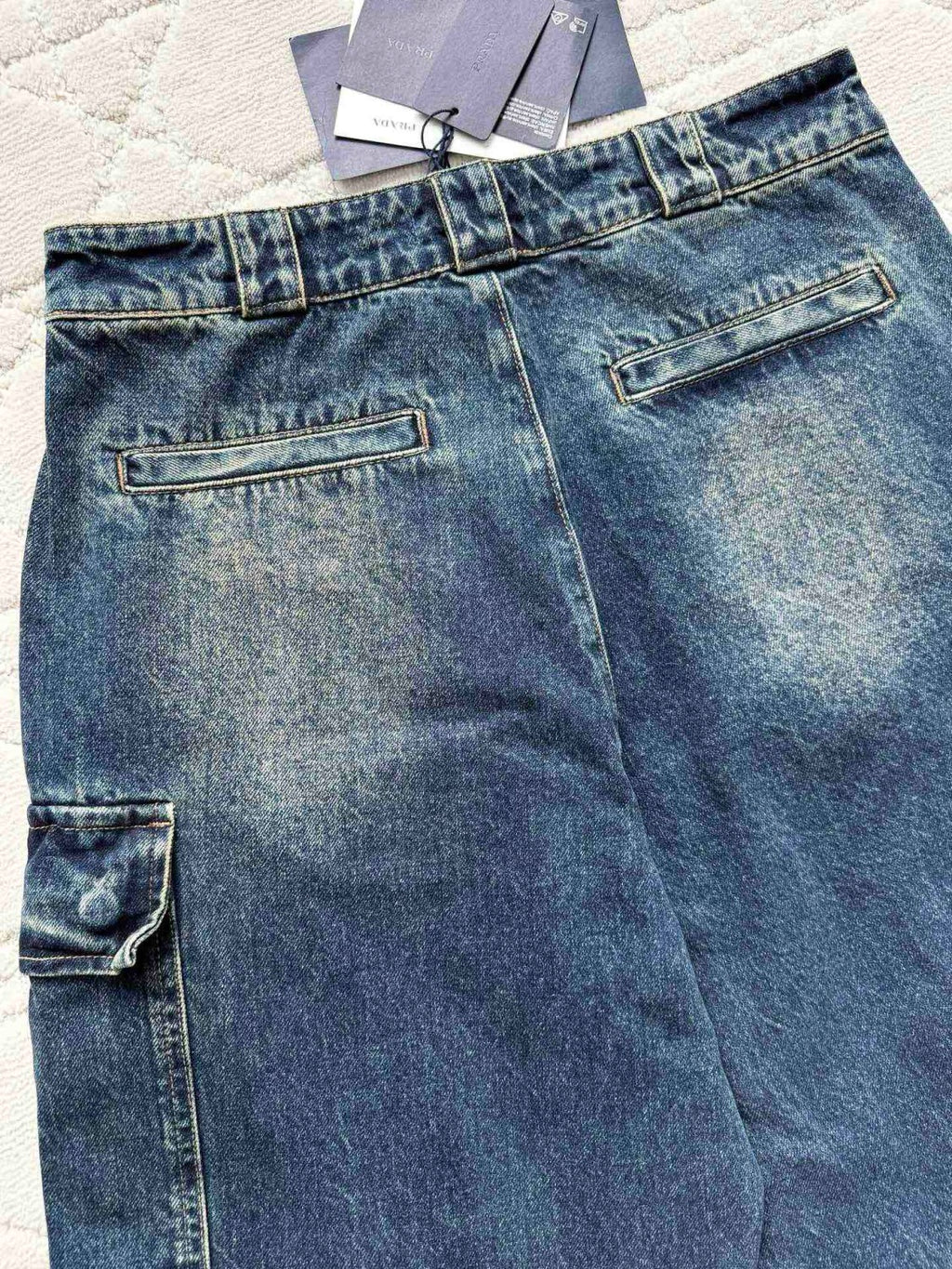 Prada Men's Four Seasons Logo Old Multi-Pocket Mid-Rise Loose Work Pants Cotton Denim Trousers Pants #81198