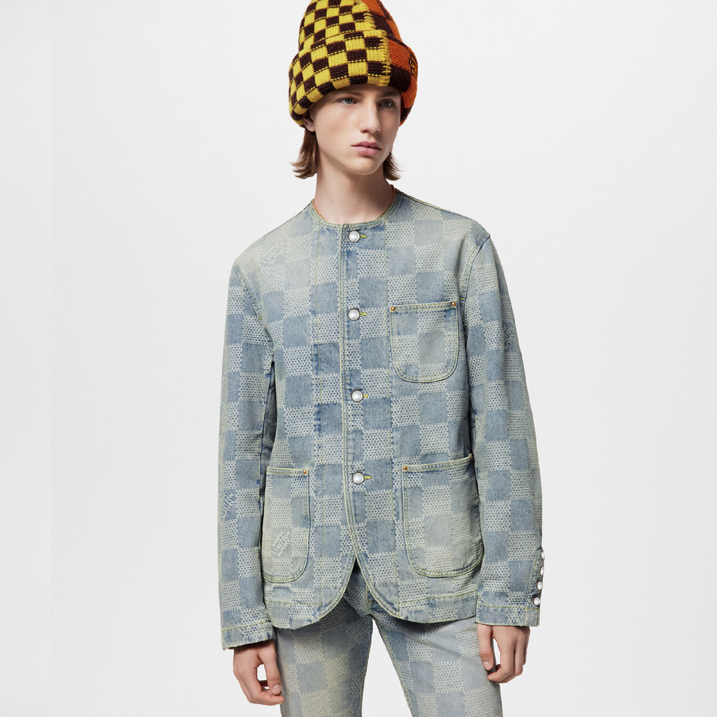 Louis Vuitton Men's Spring And Fall Fashion Plaid Denim Suit Gradient Wash Vintage Round Neck Jacket Casual Flared Pants Ngvp #8155