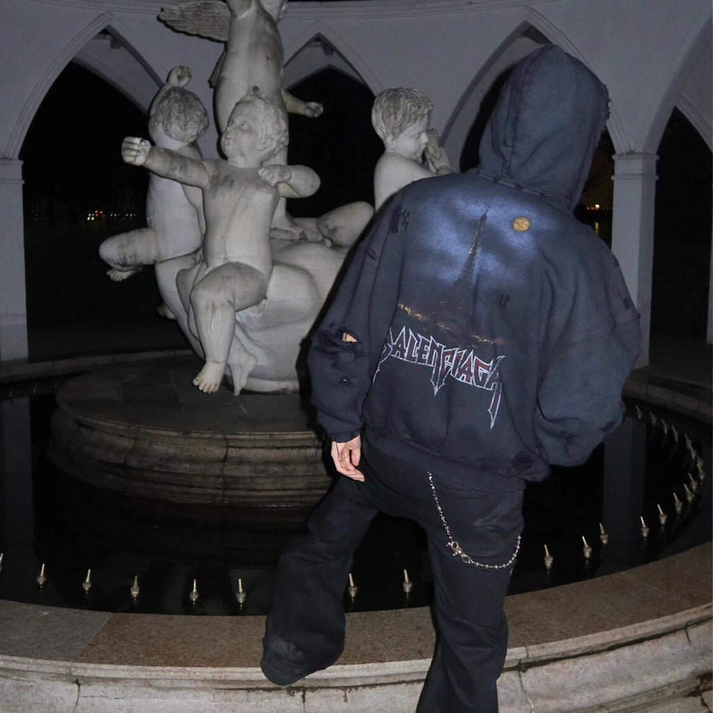 Balenciaga Men's Logo Letter Printed Torn Zipper Sweatshirt Loose Fit High Street Trend Dark Style Hooded Sweatshirt #71787