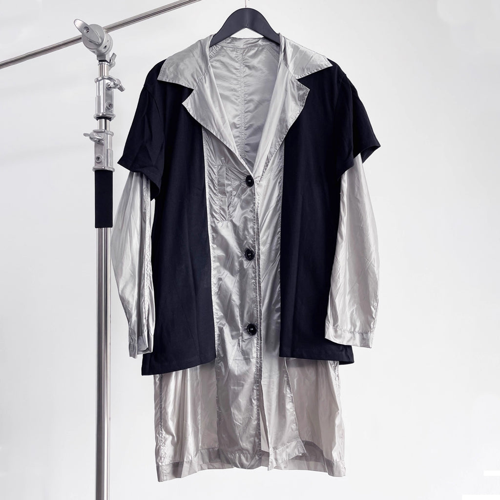 Raf Simons Men's Spring And Summer Punk Fake Two Pieces Splicing Silver Poplin Long Trench Coat Loose Jacket Ngvp #2464