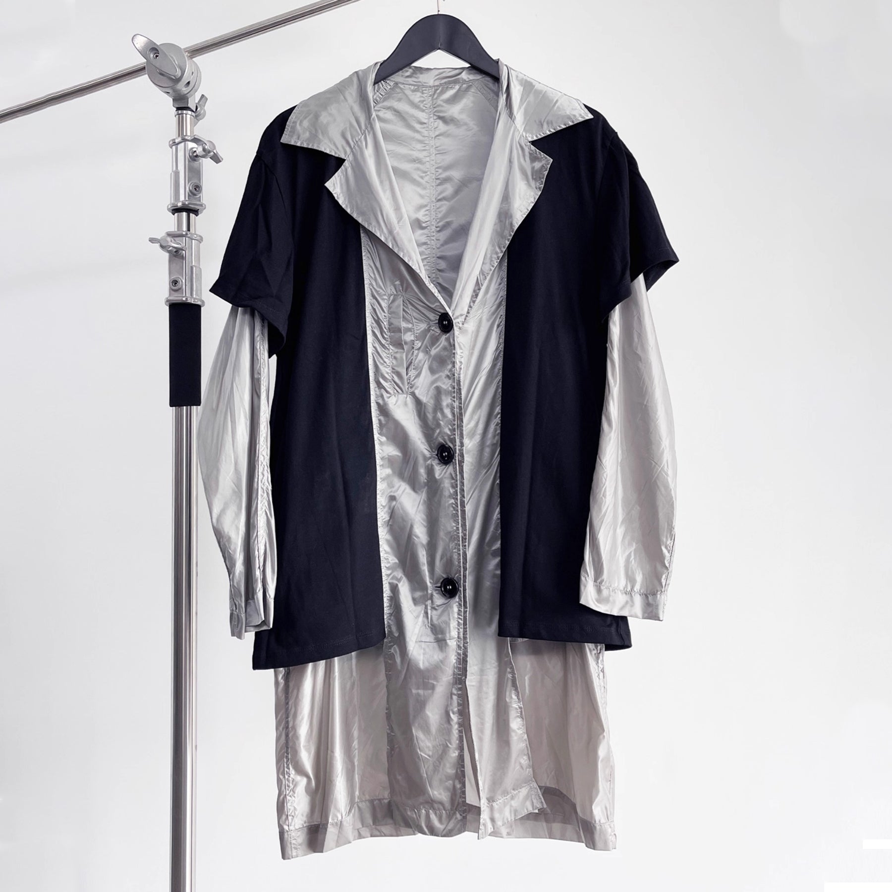Raf Simons Men's Spring And Summer Punk Fake Two Pieces Splicing Silver Poplin Long Trench Coat Loose Jacket Ngvp #2464