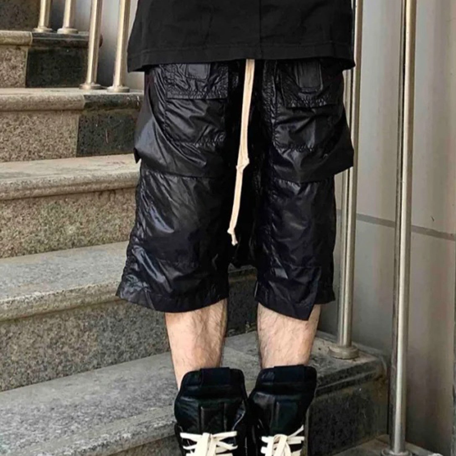 Rick Owens DRKSHDW Men's Spring/summer Retro High Street Thin Black Shorts Workwear Drawstring Pants  Ngvp #8794