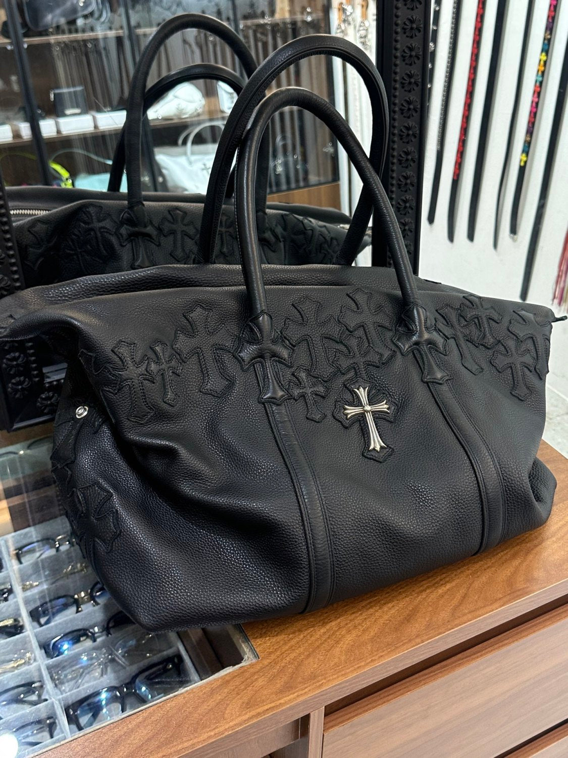 Chrome Hearts 925 Sterling Silver Cross Large Capacity Travel Duffle Bag Elegant Clutch Bag Luxury Black Tote Bags #81949A