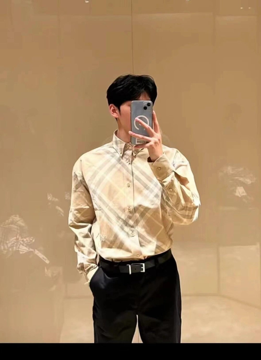 Burberry Men's Spring And Autumn New Retro Plaid Cotton Shirt Color Blocking Single-breasted Lapel Button Down Shirt  #71363