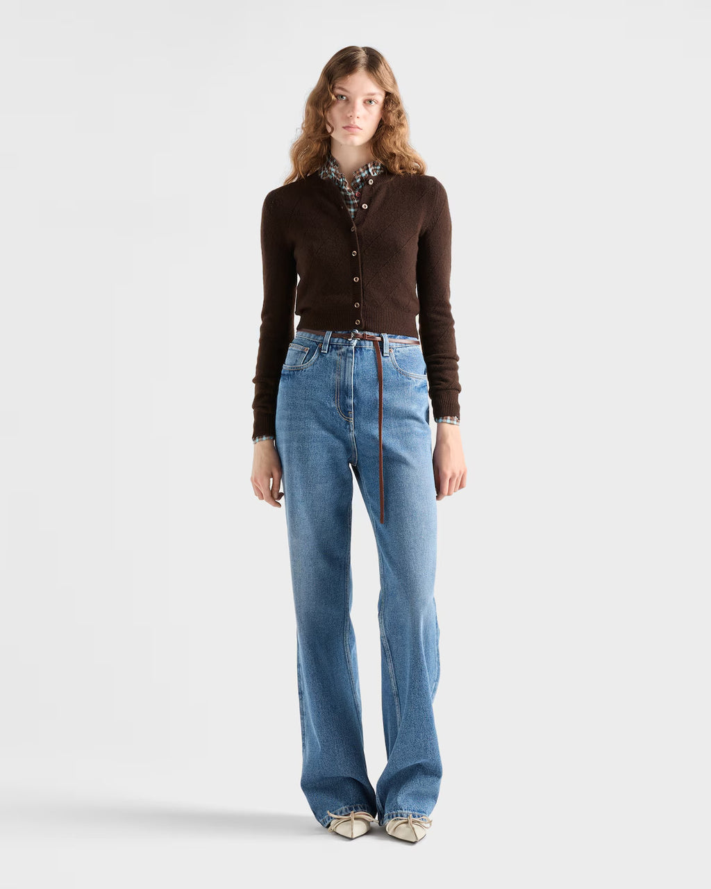 Prada Women's Spring And Fall Five-pocket Jeans Loose Retro Washed Fashion Elegant Triangle Metal Emblem Logo Straight Long Denim Pants  #81442