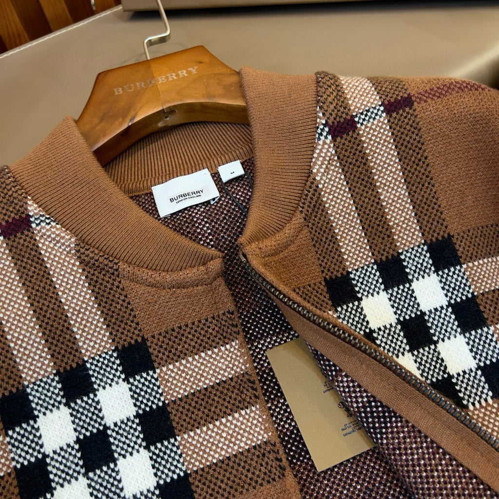 Burberry Men's Check Jacquard Wool Cashmere Knit Zipper Long Sleeve Jacket #74818