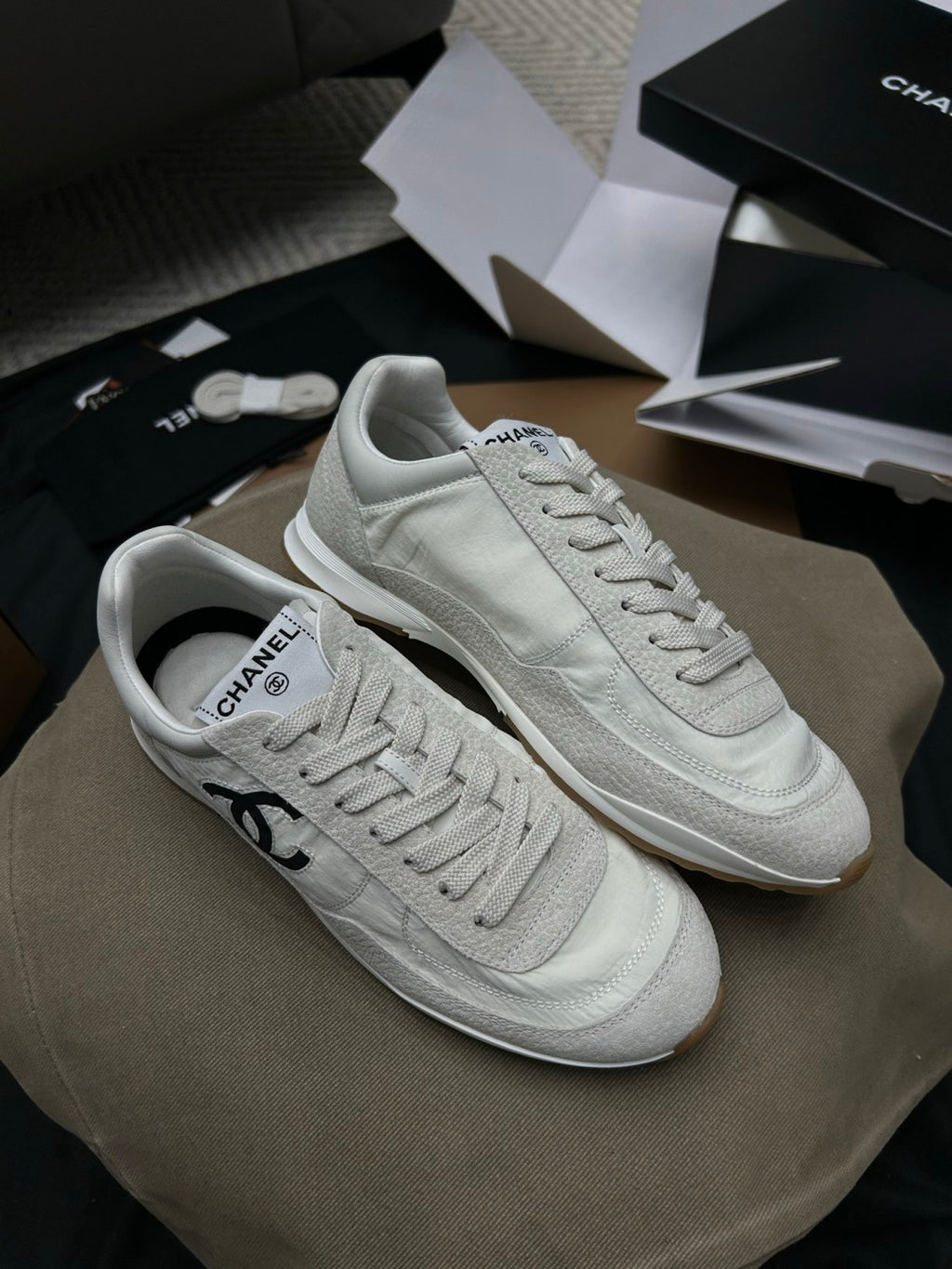 Chanel Sneakers Fabric Embossed Suede Calfskin White Black #379143
