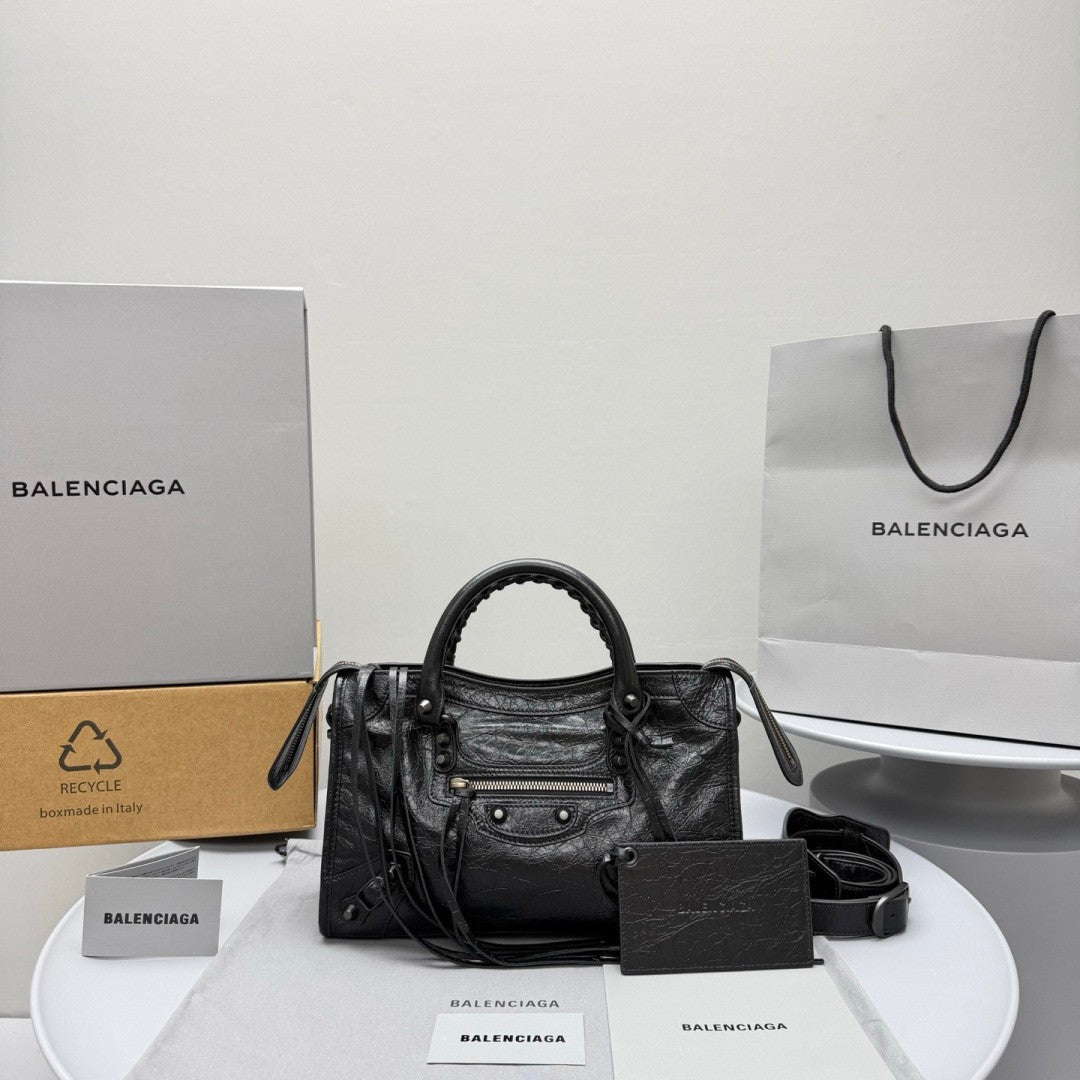 Balenciaga Le City Medium And Small Handbags Silver And Black Accents Imported Lambskin Biker Bag Riveted Tote Crossbody Bags #84168A