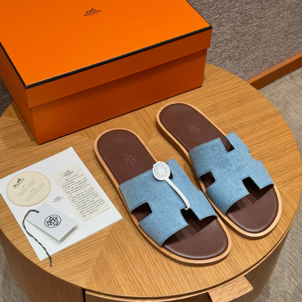 Hermes  Men's Summer Izmir Sandals Embroidered Leather Cowboy Round Toe Flat Casual Slippers Shoes #81317