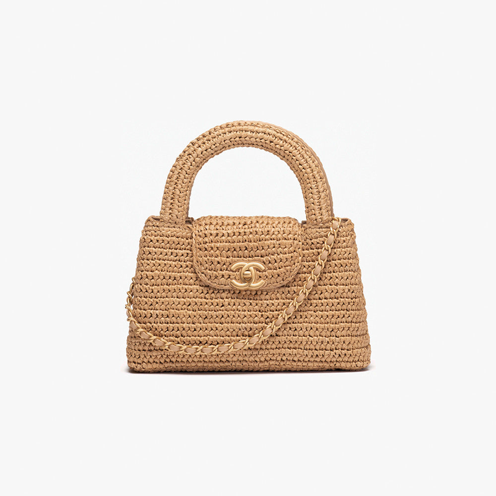 Chanel Mini Shopping Bag Braided Raffia Gold Tone Metal Dark Beige #335258