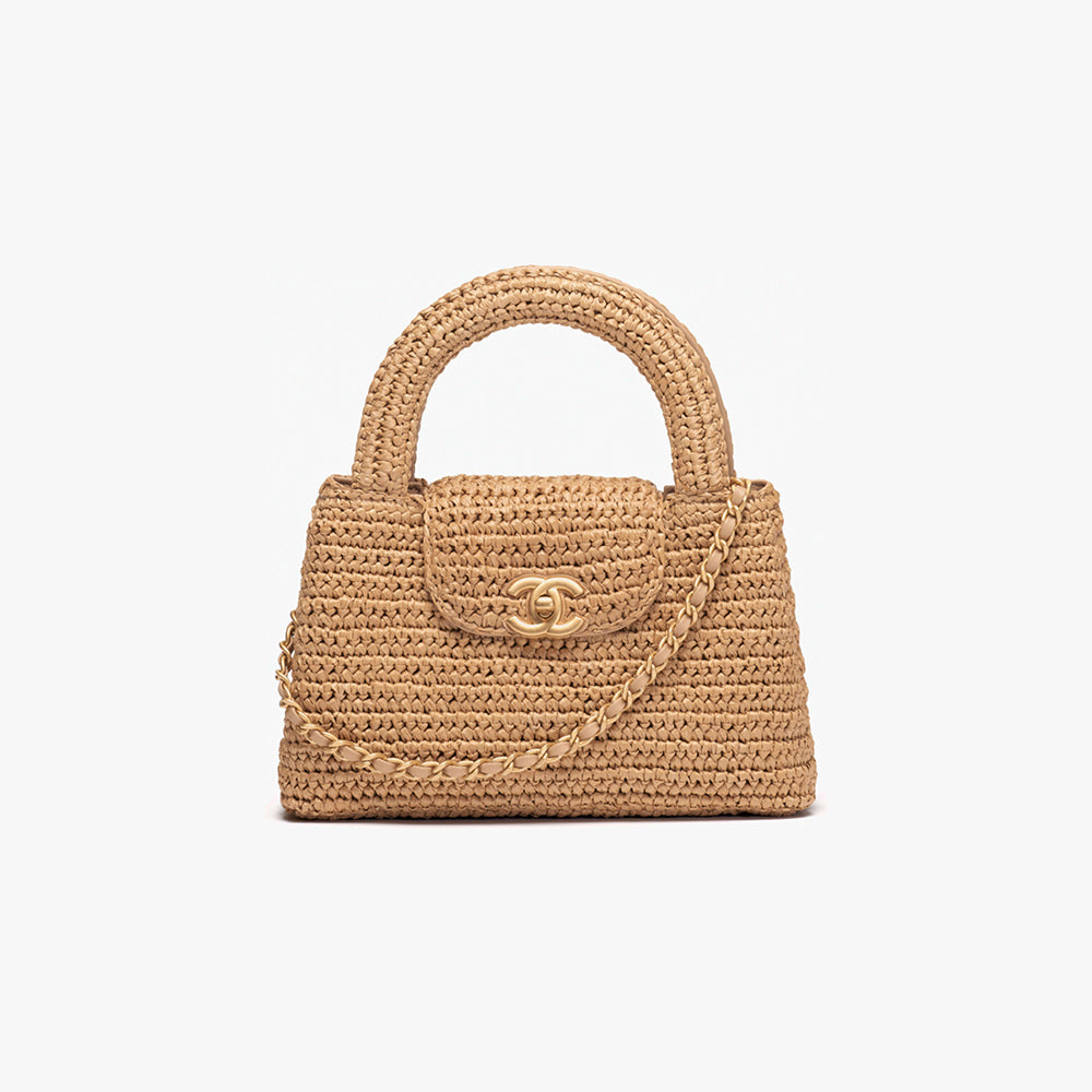 Chanel Mini Shopping Bag Braided Raffia Gold Tone Metal Dark Beige #335258