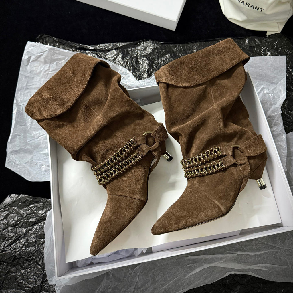 Isabel Marant Women's Autumn and Winter Edrik Leather Boots Solid Color Pointed Toe Pleated Surface Metal Chain Buckle Short Boots Heel 4.5cm Casual Shoes Ngvp #1941