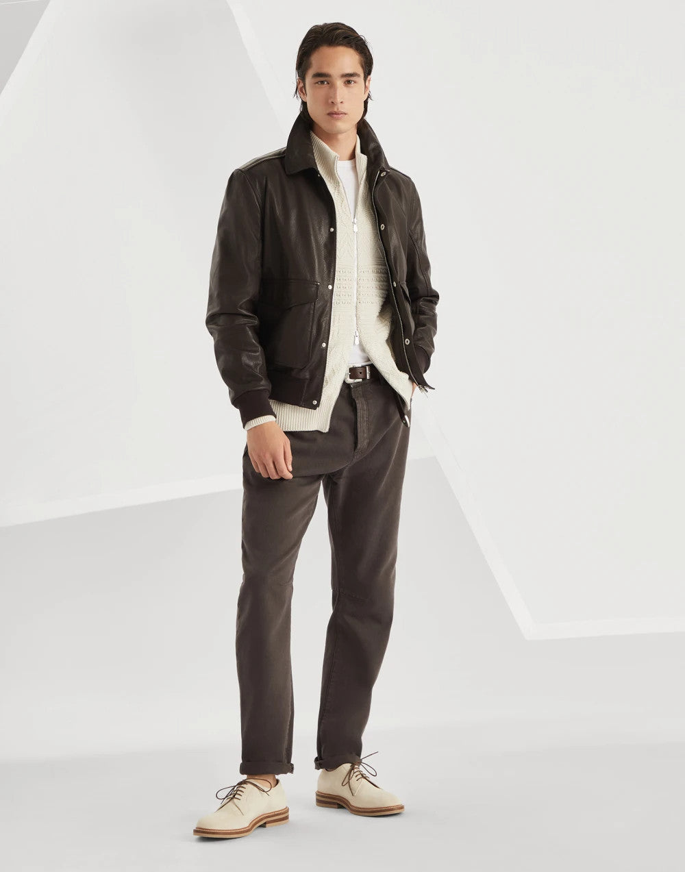Brunello Cucinelli Men's Spring/Autumn Sheepskin Solid Color Zipper Collar Long Sleeve Grained Leather Aviator Jacket Ngvp #2286