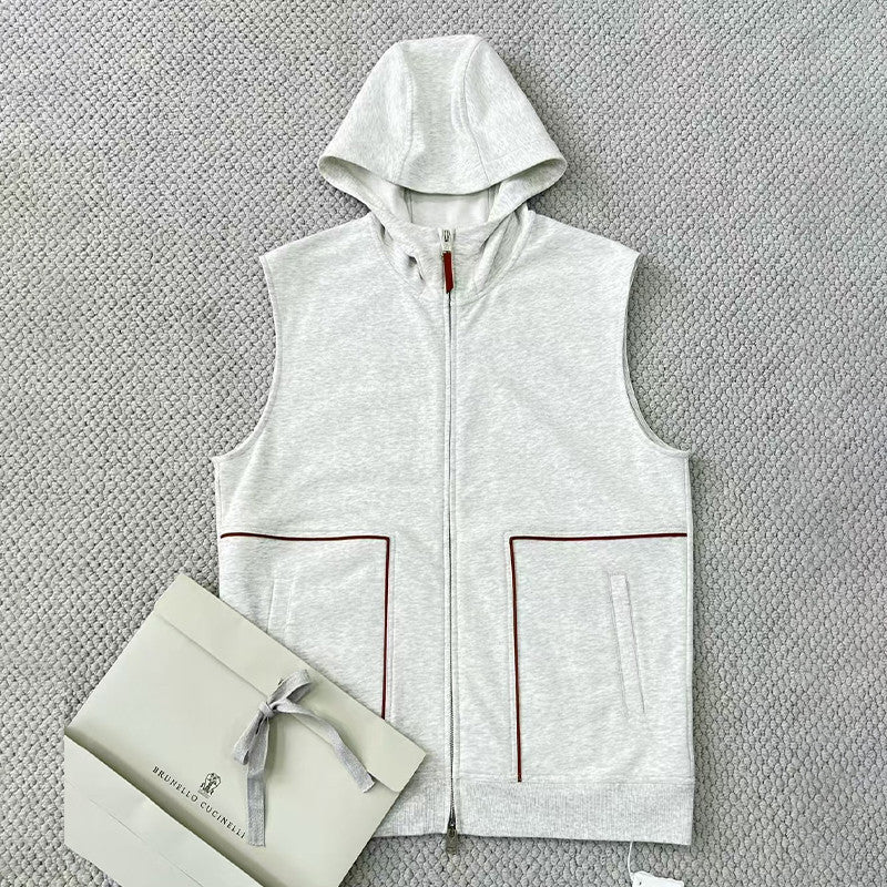 Brunello Cucinelli Men's Hooded Two-Way Zipper Spring & Autumn Solid Color Cotton Sleeveless Waistcoat Vest Ngvp #1765