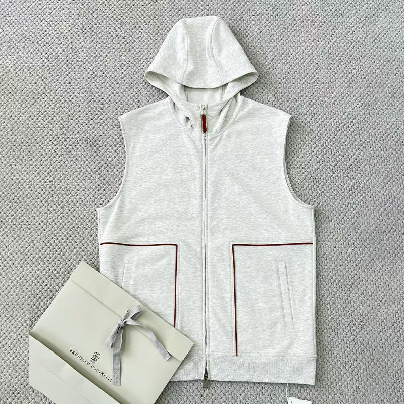 Brunello Cucinelli Men's Hooded Two-Way Zipper Spring & Autumn Solid Color Cotton Sleeveless Waistcoat Vest Ngvp #1765