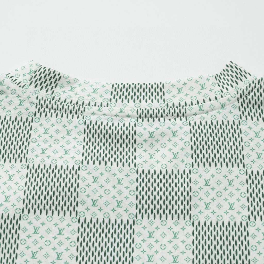 Louis Vuitton Men's Green Checkerboard Graphic Crew Neck Cotton Short Sleeve T-Shirt #99471