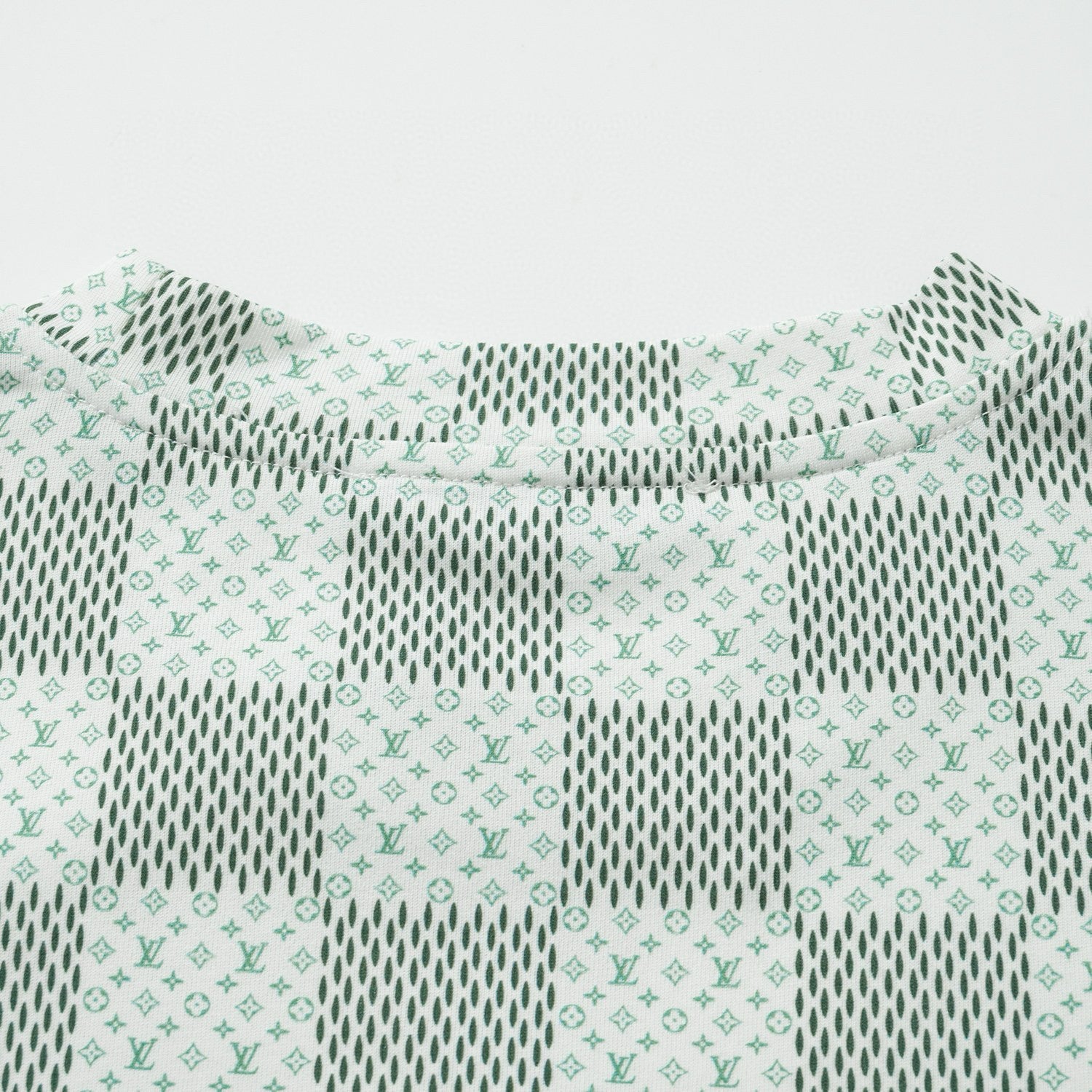 Louis Vuitton Men's Green Checkerboard Graphic Crew Neck Cotton Short Sleeve T-Shirt #99471