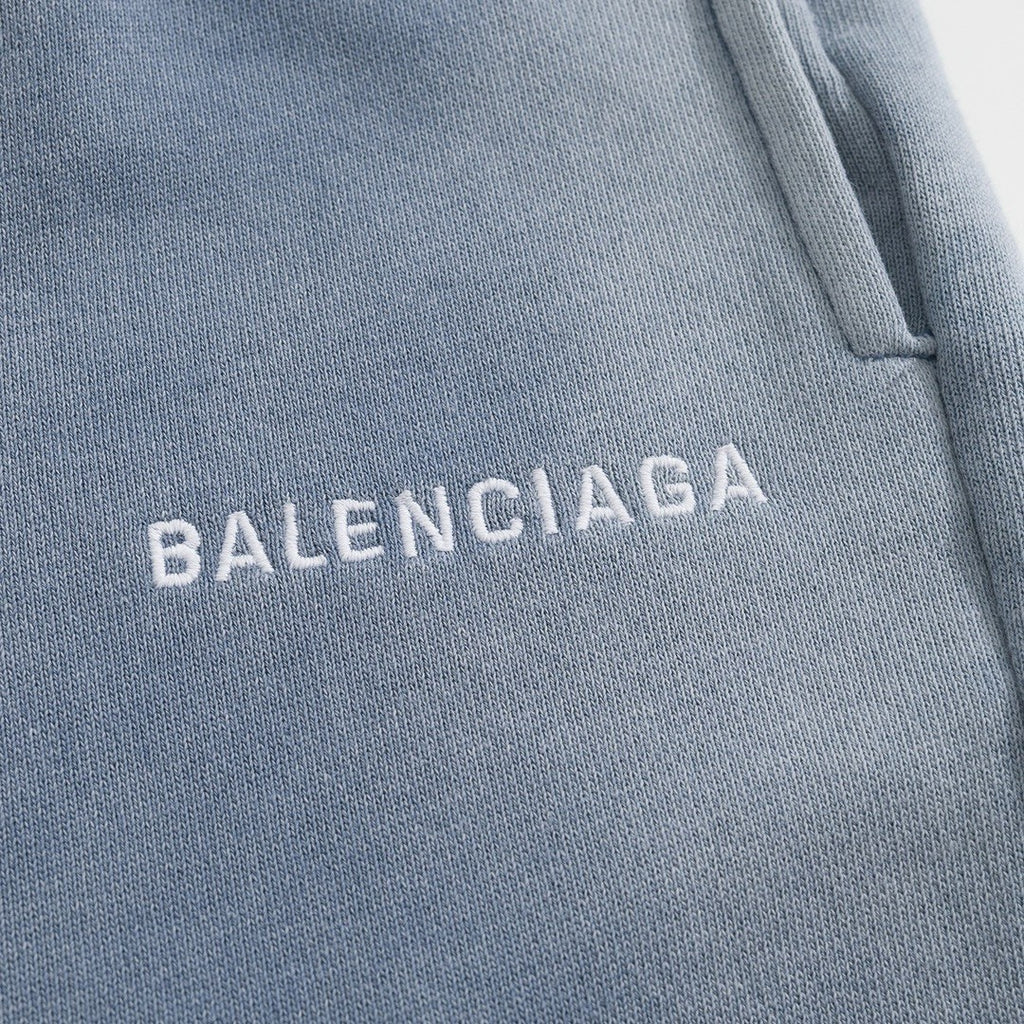 Balenciaga Men's Summer Blue Logo Embroidered Washed Vintage Stretch Waistband Shorts Pants #72117