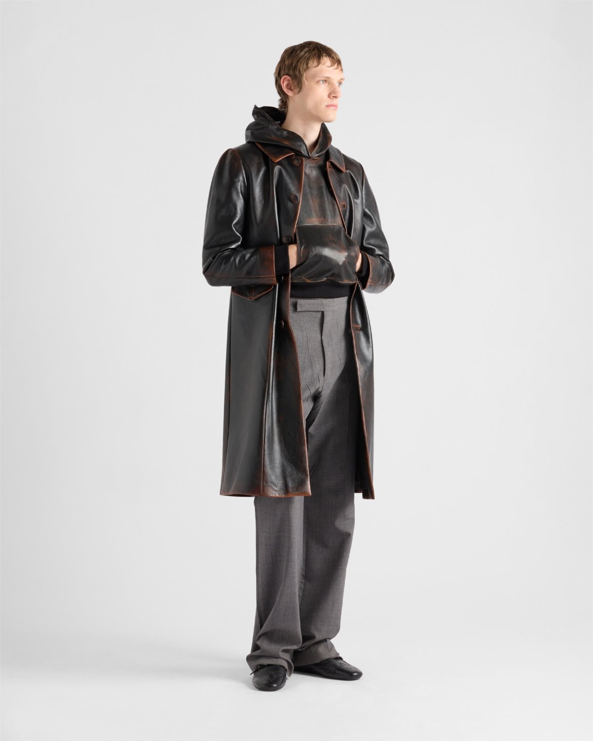 Prada SS25 Spring And Summer Men's Nappa Leather Hooded Raglan Long Sleeve Sweatshirt Leather Jacket #332536