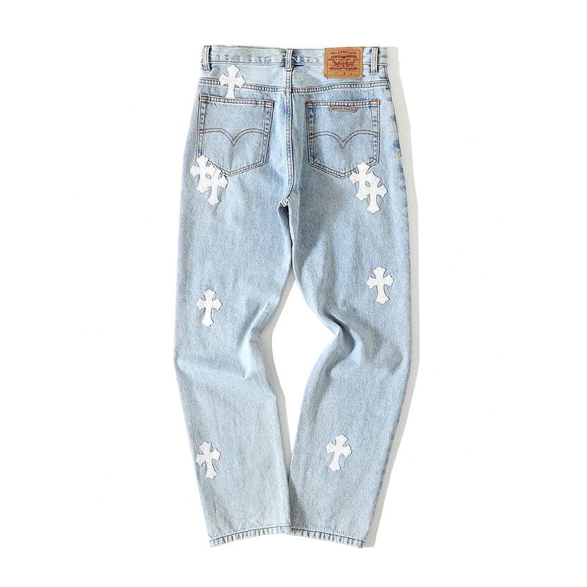 Chrome Hearts Light Blue Graffiti Jeans Pants #96564
