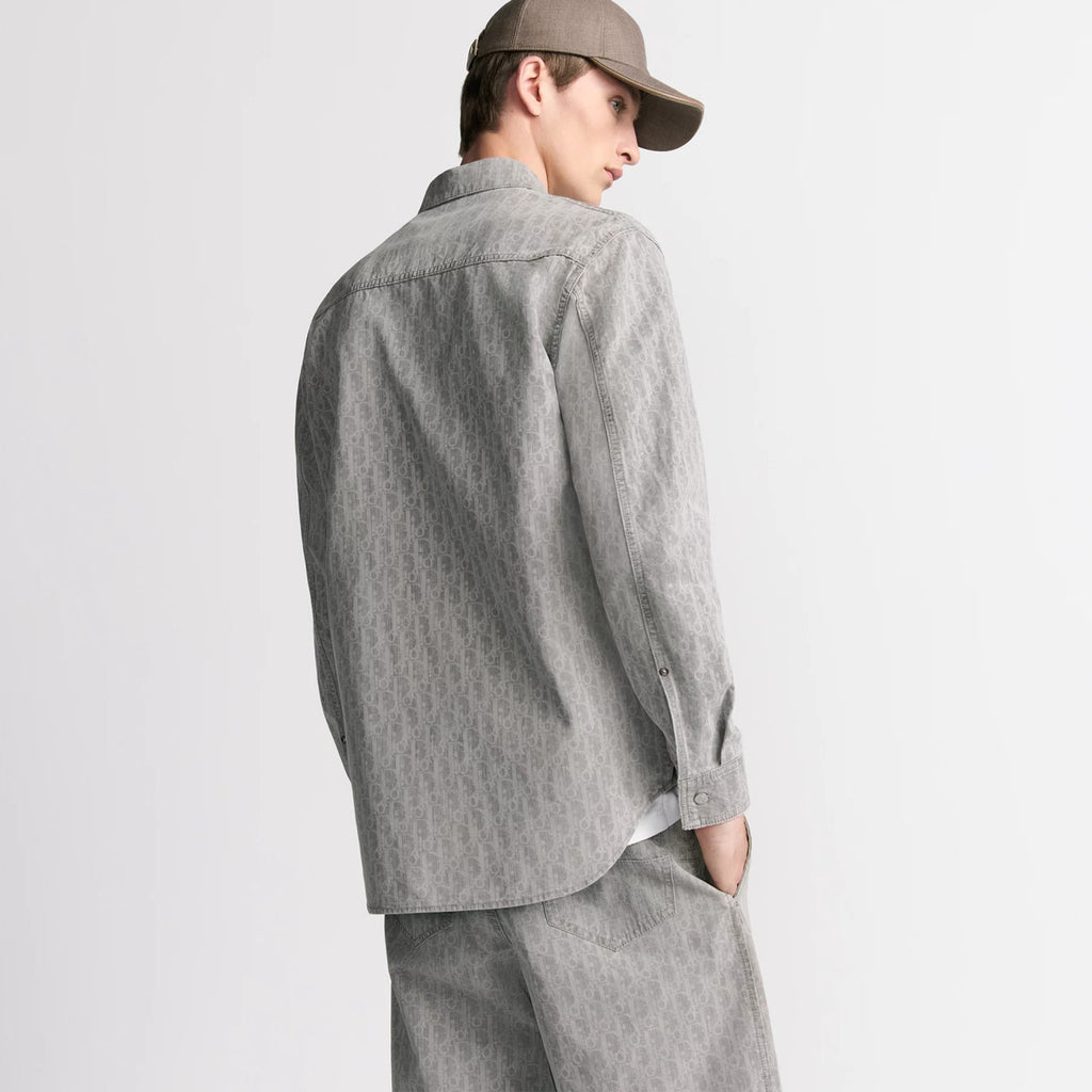 DIOR Men's Grey Cotton Denim Oblique Printed Shirt Blouse Spring Autumn Lapel Single Breasted Fashion Casual Jacket Shirt #71845
