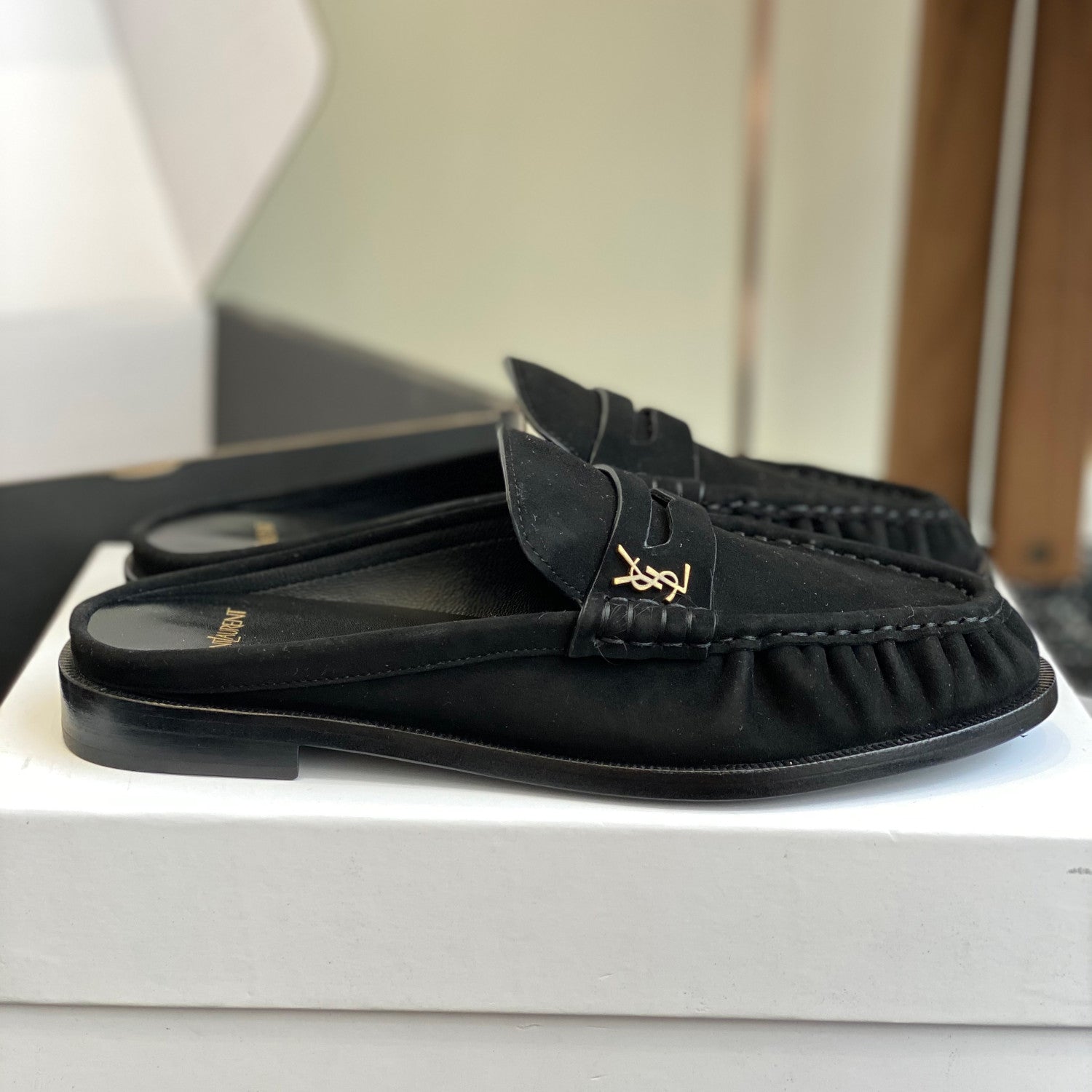 Saint Laurent LE LOAFER Women's Fashion Casual Round Toe Slip On Half Slip On Logo Leather Loafer Mule Shoes #78444
